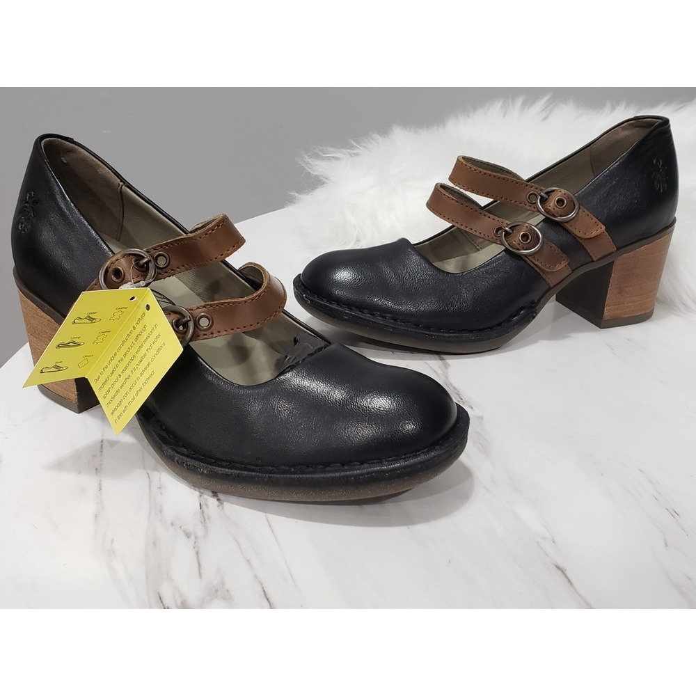 NEW NO BOX SIZE 39 / US 8  FLY LONDON BALY BALY106FLY Black Camel Block Heel